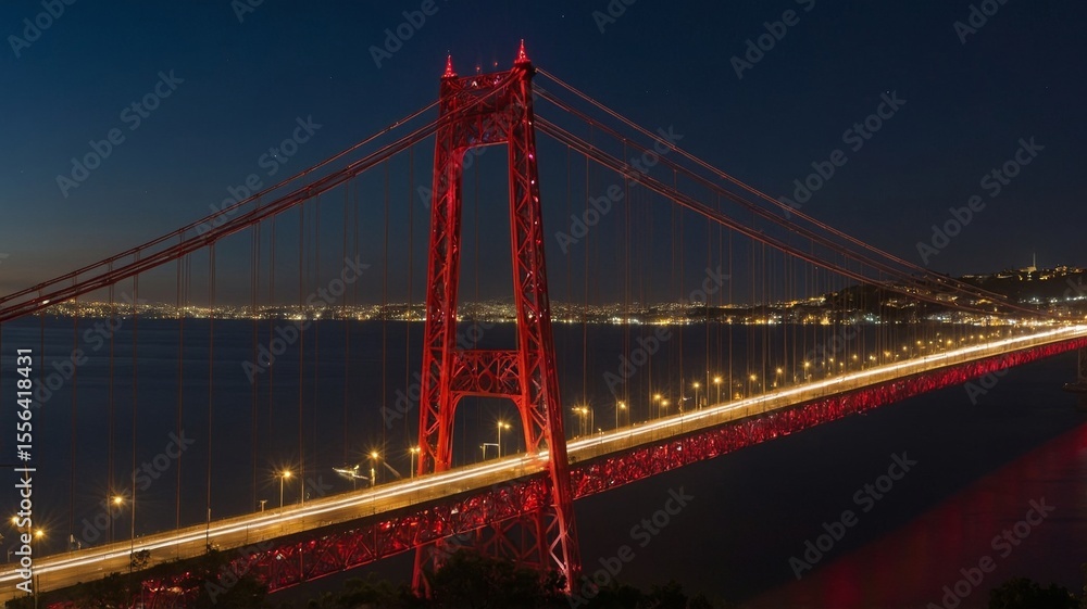 Fototapeta premium Illuminated Red Bridge Spans Waterfront Against a Night Sky With Twinkling City Lights in the Background