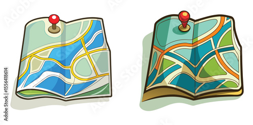 Two Cartoon City Maps Folded with Red Push Pins Navigation Travel Guide Illustration