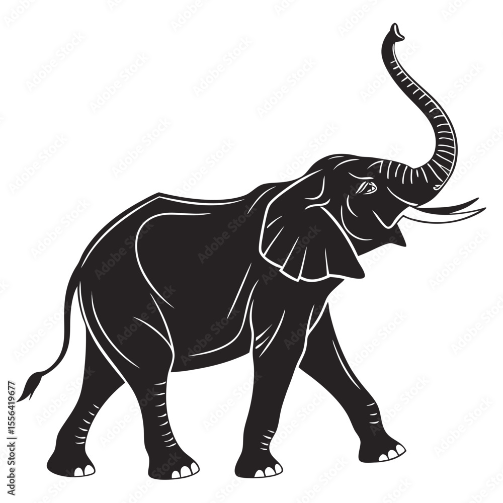 Fototapeta premium Walking elephant silhouette with raised trunk, flat black vector icon style, isolated