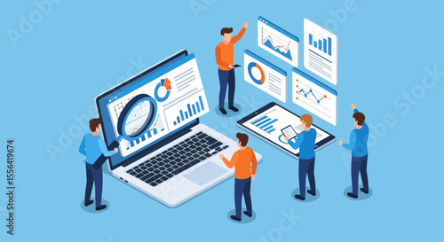 Data Analysis Team Collaboration  Isometric Illustration of Business Professionals Working with Charts and Graphs