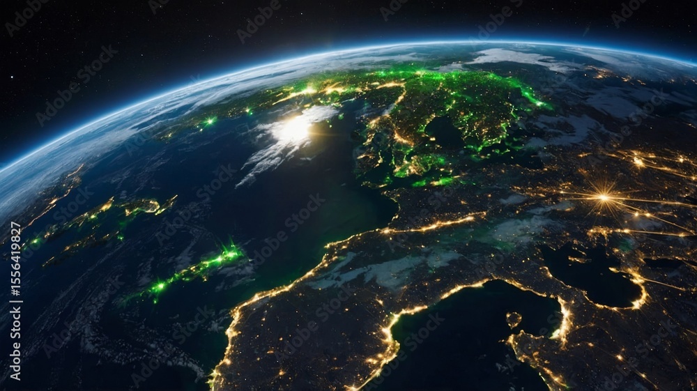 Fototapeta premium Satellite View of Earth Showcasing Cities Illuminated at Night, With Distinct Patterns of Light in Europe and Asia During Evening Hours