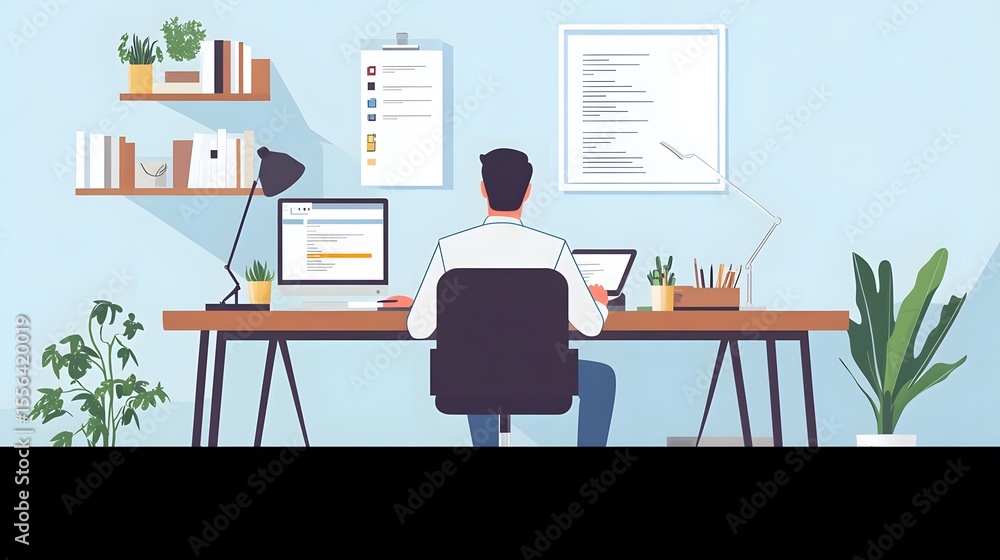Workplace Workspace: A person at his desk in front of the computer is immersed in work. The office is tidy and there is a sense of order. The overall look is calm and welcoming Workplace Workspace: A person at his desk in front of the computer is immersed in work. The office is tidy and there is a sense of order. The overall look is calm and welcoming