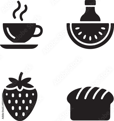 A cup of coffee, watermelon, strawberry, and bread are displayed