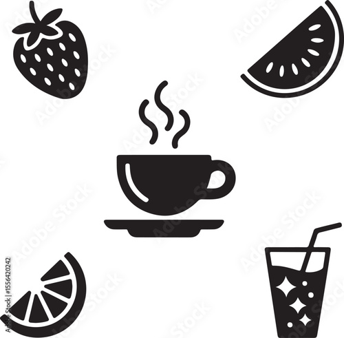 A cup of coffee, watermelon, strawberry, and juice are displayed