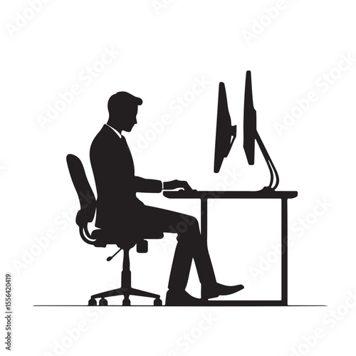 a single black silhouette of a man typing on a desktop keyboard at a desk