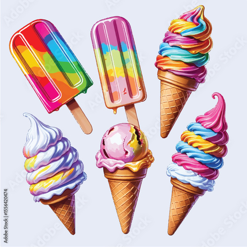 Colorful frozen dessert set with delicious ice cream cones, chocolate, strawberry, and vanilla flavors
