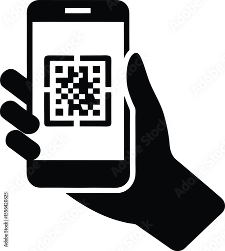 Hand holding smartphone with qr code on screen silhouette vector illustration.
