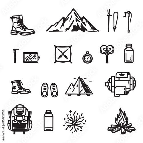 Hiking camping mountaineering equipment graphic elements icon set