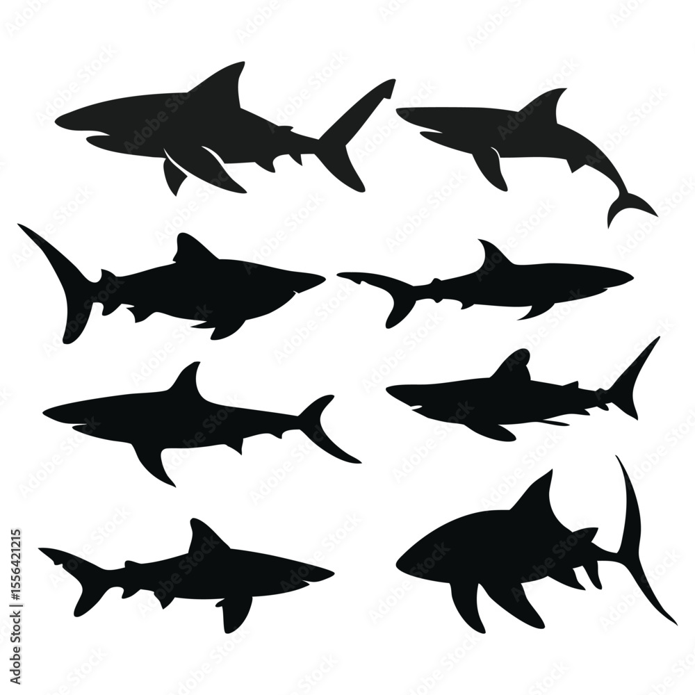 Fototapeta premium Shark, Silhouette, Shark Silhouette Vector Set On White Background