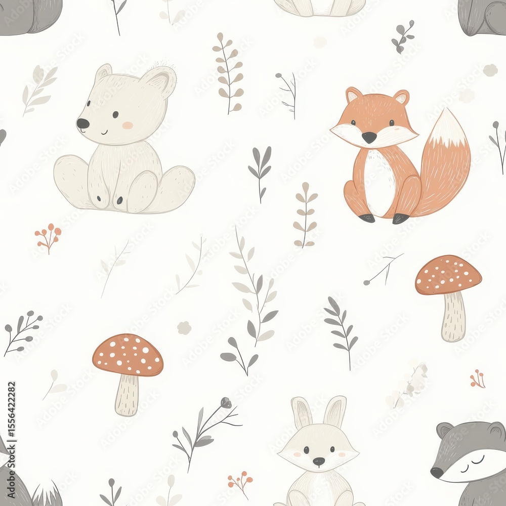 Fototapeta premium Cute Seamless Pattern for Kids Featuring Simple Hand-Drawn Animals