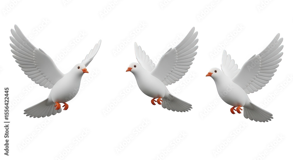 Fototapeta premium Graceful white doves soar against a transparent background, symbolizing peace and freedom in a minimalist artistic rendition.