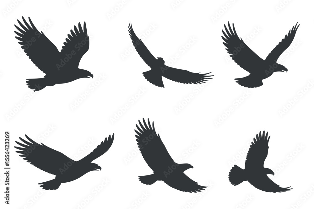 Obraz premium Silhouette Collection of Birds in Flight Simple black silhouettes birds soaring through the air bird eagle silhouette flying avian wildlife nature animal vector