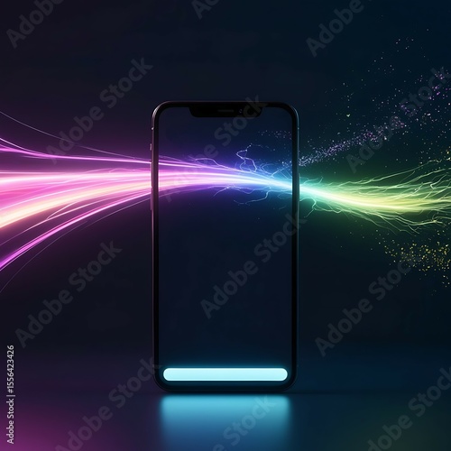 A smartphone in dark with vibrant neon light trails flowing through it, symbolizing fast data transfer and digital connectivity.