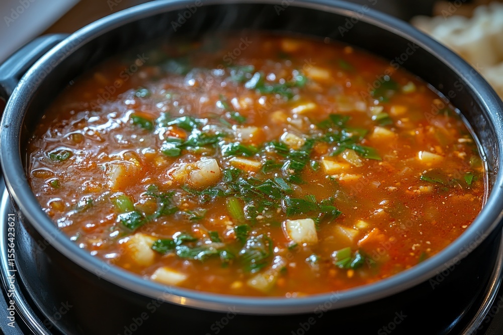 Spicy tofu and vegetable soup simmering in a hot pot on a portable stove, ready to be served Spicy tofu and vegetable soup simmering in a hot pot on a portable stove, ready to be served