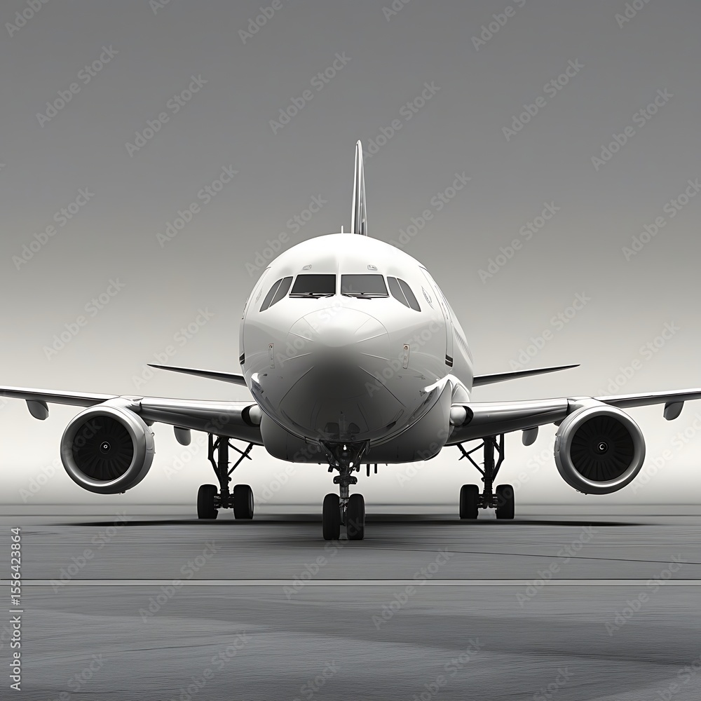 Naklejka premium Front view of a modern commercial airplane on a runway, showcasing engines, landing gear, and sleek fuselage under a clear sky.