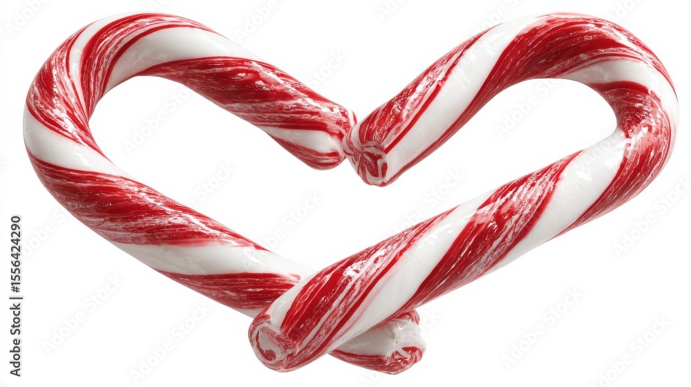 Fototapeta premium Two red and white candy canes crossed to form a heart shape, representing love and holiday cheer. Isolated on white