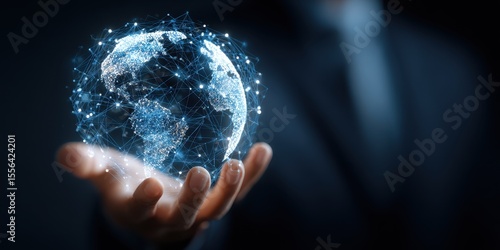 Glowing globe with connections held in hand, against a dark suit background