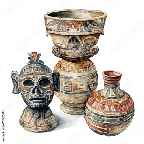 Ancient Artifacts Exhibitions, watercolor vector, isolated on a white background.