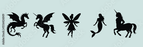 Black Silhouettes of Mythical Creatures Unicorn Pegasus Mermaid Centaur Fairy vector