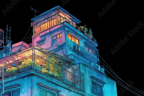 Building roof illuminated at night.