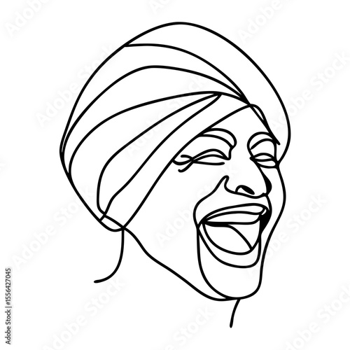 Happy man in turban laughing. Line art illustration of joyful man wearing traditional headwear.  Smiling face with open mouth.  Perfect line drawing for greeting card design.