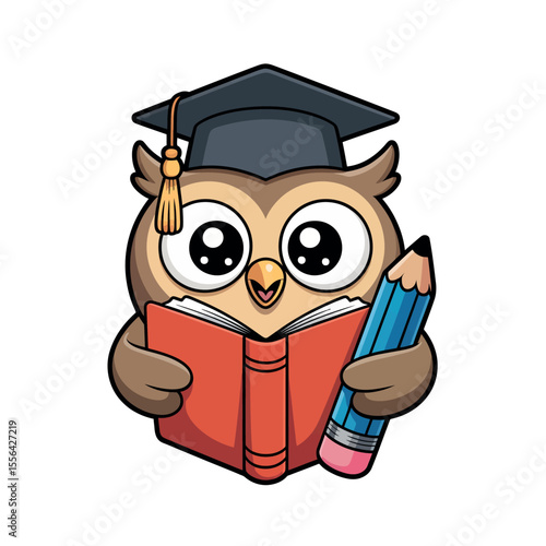Cute Owl Graduate Reading a Book with a Pencil and Graduation Cap Cartoon owl wearing graduation cap holding book pencil owl graduate graduation