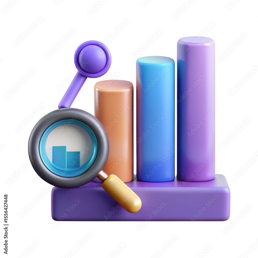 3d illustration of a magnifying glass examining a colorful bar chart for data analysis and research isolated on transparent background 3d illustration of a magnifying glass examining a colorful bar chart for data analysis and research isolated on transparent background