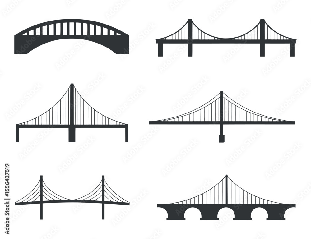 Obraz premium Collection of Various Bridge Types in Simple Silhouettes Six different bridge styles shown black silhouette bridge arch bridge suspension bridge silhouette illustration icon