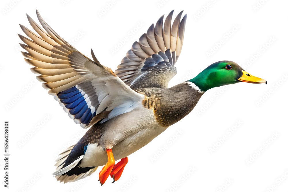 Obraz premium Mallard duck in flight with green head and orange feet isolated on a transparent background flying bird, PNG