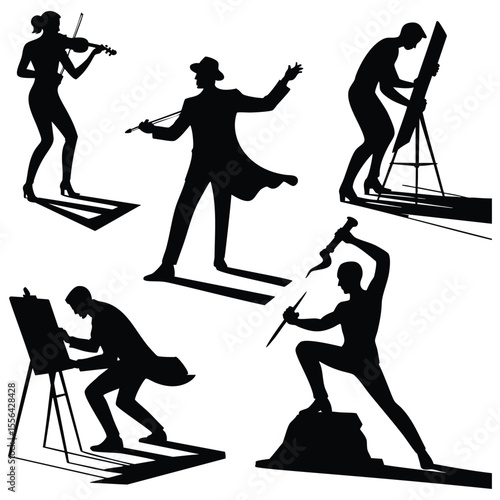 Classical Musicians: Silhouette Illustrations of Violinist, Conductor, and Composers