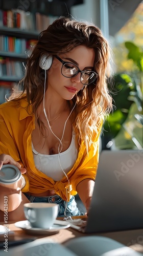 Woman studying online, library cafe