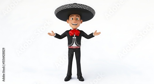 A cheerful cartoon mariachi figure with open arms, smiling, standing on a white backdrop.