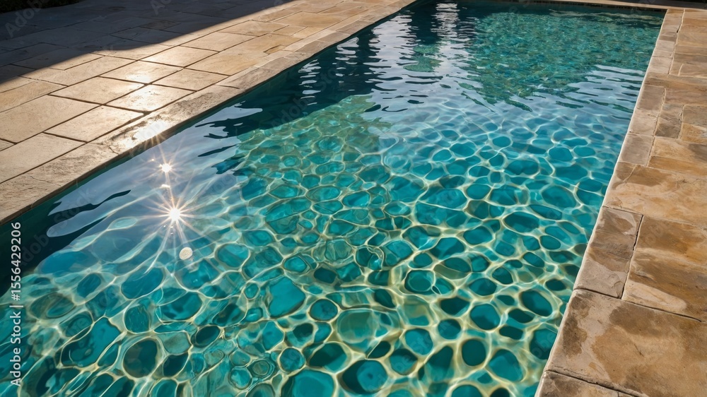 Obraz premium Brilliant Sunlight Glimmers on the Clear Water Surface of a Modern Swimming Pool Surrounded by Elegant Stone Tiles