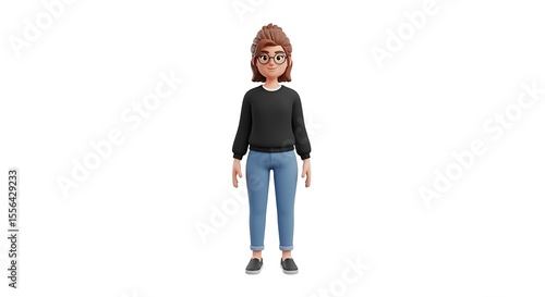 A 3D-rendered cartoon woman stands against a white background, wearing casual clothes.
