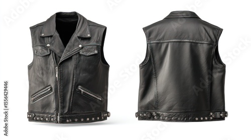 Front and back presentation of a leather biker vest, studio setup, clean white backdrop