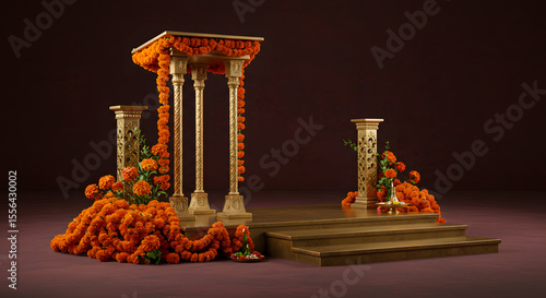 Ornate golden mandap decorated extravagantly with vibrant marigold flowers