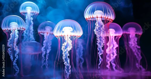 Wallpaper Mural Close-up static shot: Glowing jellyfish pulsate in a dark, smoky underwater scene, creating a mesmerizing and ethereal atmosphere. Torontodigital.ca