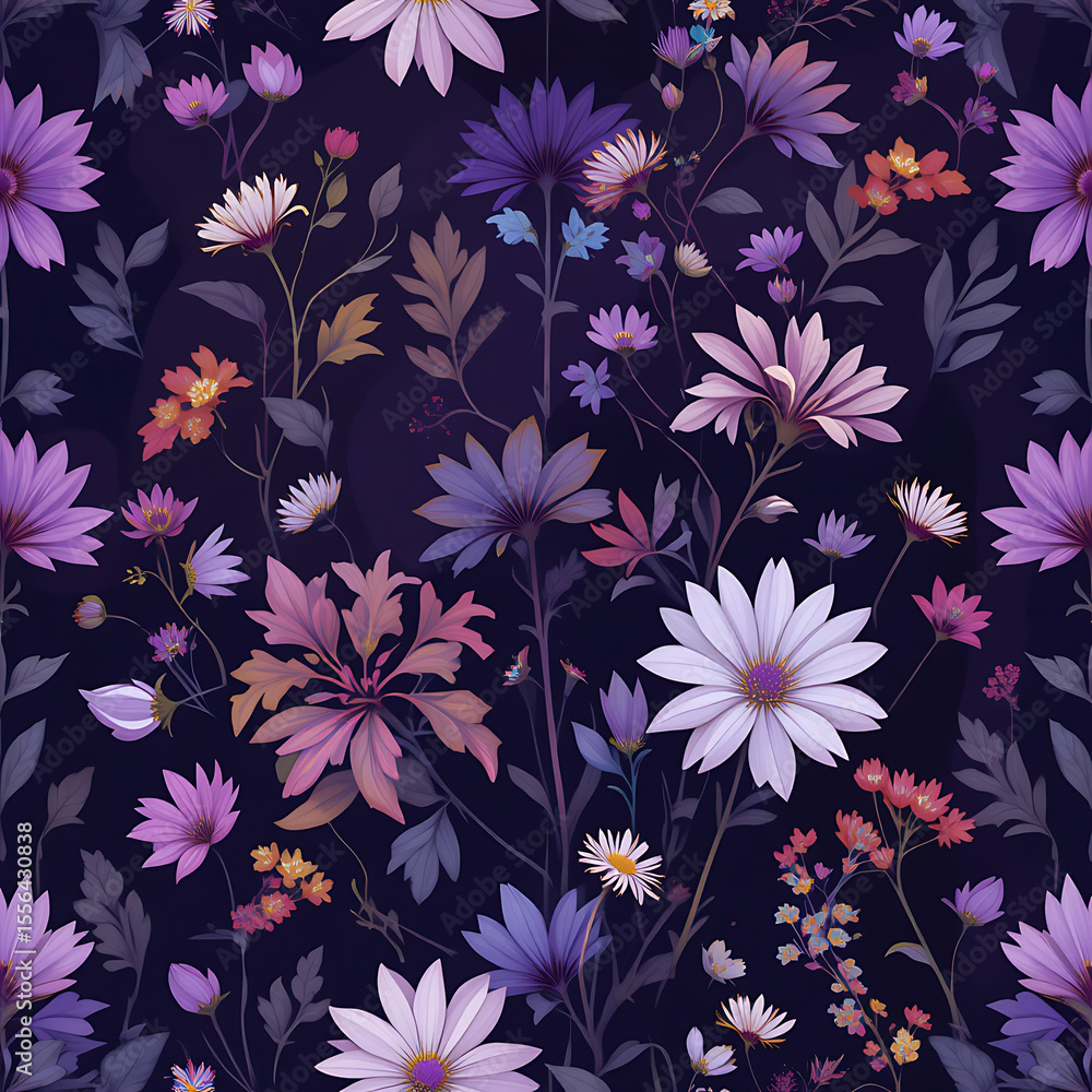 Abstract chicory and yarrow, aster white ash gradient colors flowers with leaves illustrated in vector style in dark blue gradient background, seamless pattern, minimalist, shimmering, master piece, Abstract chicory and yarrow, aster white ash gradient colors flowers with leaves illustrated in vector style in dark blue gradient background, seamless pattern, minimalist, shimmering, master piece,