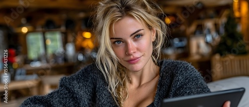 Woman with tablet in a cozy cabin