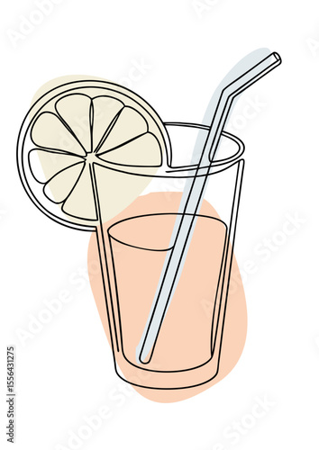 Classic refreshing lemonade, cocktail drink with lime,  glass of juice with lemon, straw, one line art, artistic color blobs, minimal vector, summer drink branding, juice bar menu, healthy lifestyle