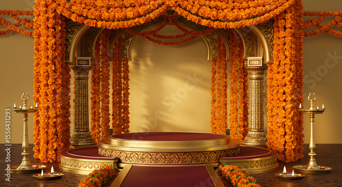 Ornate marigold flower decorated wedding mandap with golden pillars and podium