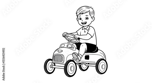 A happy cartoon boy driving a vintage pedal car with a big smile on his face