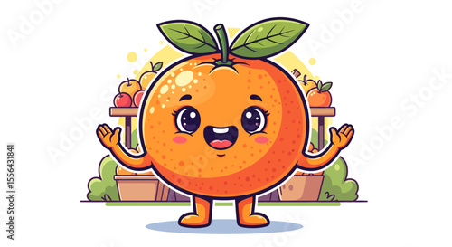 Cartoon illustration of a cheerful orange character at a fruit stand smiling happily