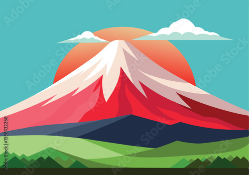 A stunning sunrise casts a warm glow on mount fuji, its slopes overlooking a verdant landscape