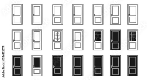 Collection of doors with different designs in black and white, for architectural use