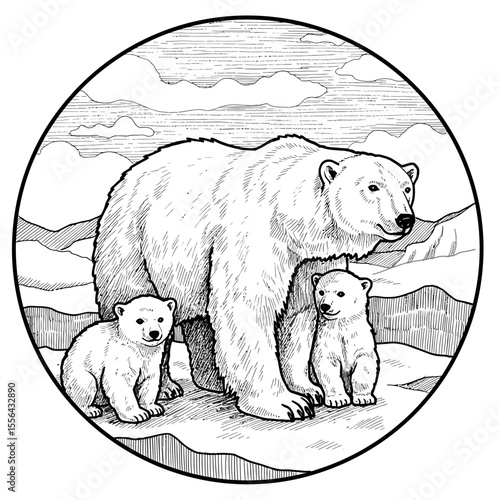 Detailed line art illustration featuring polar bear family in arctic environment