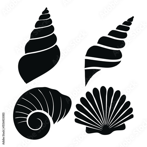 Seashell Silhouette Icon Set, Marine life vector graphics collection On White Background
