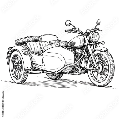 Detailed vintage motorcycle with sidecar sketch, classic transportation illustration