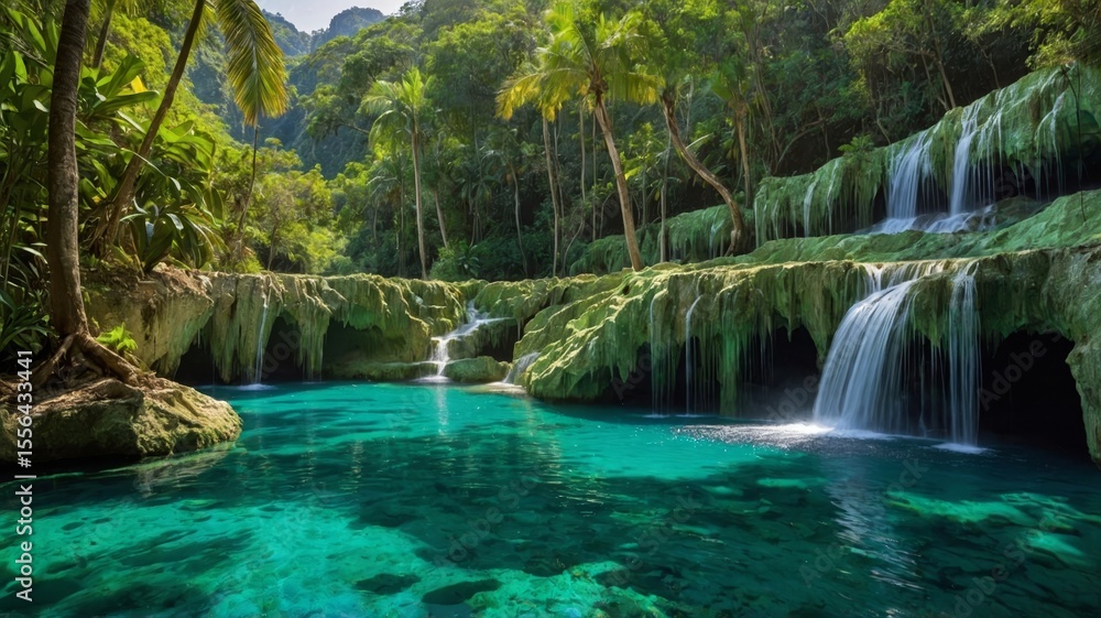 Fototapeta premium Stunning Tropical Waterfalls Cascade Into Crystal Clear Pools Surrounded by Lush Greenery in a Serene Natural Oasis During Bright Daylight