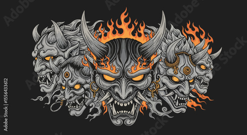 Enigmatic ensemble of han'nya masks engulfed in fiery allure on a dark background